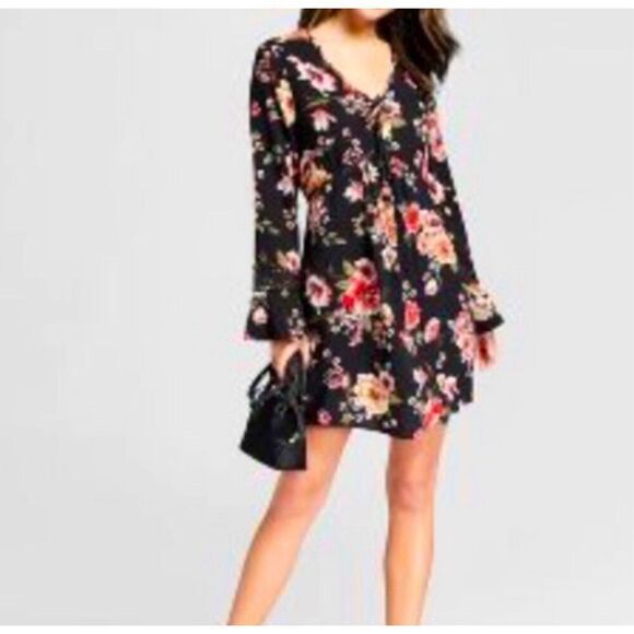 XHILARATION FLORAL PRINT DEEP V-NECK LONG BELL SLEEVE LACE TRIM MINI DRESS - Picture 1 of 7